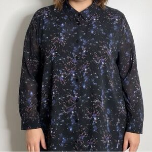Ulla Popken Women’s Fireworks Print Flowy‎ Button Up Blouse Black Size 24/26